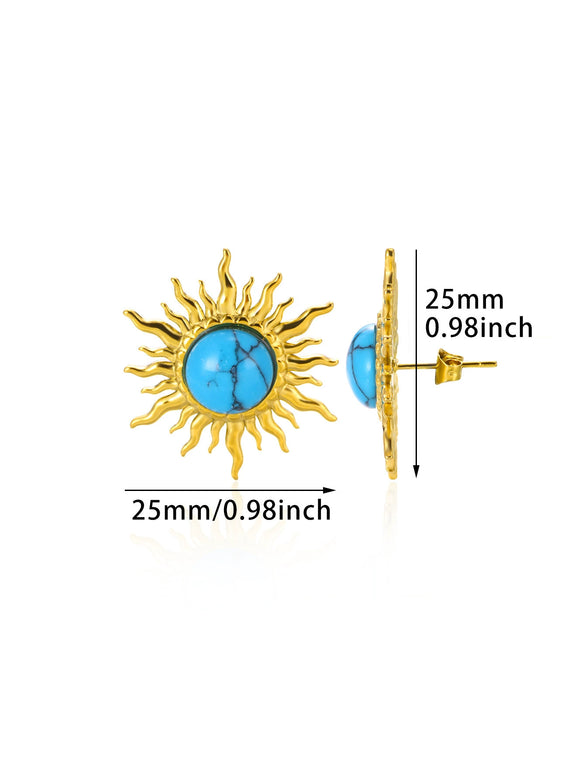 Wholesale Stainless Steel Inlaid Turquoise Sunflower Earrings With Electroplating Treatment For Women
