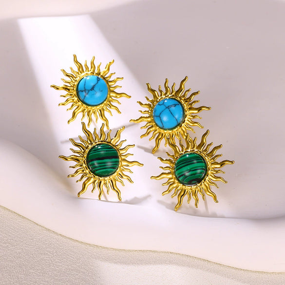 Wholesale Stainless Steel Inlaid Turquoise Sunflower Earrings With Electroplating Treatment For Women