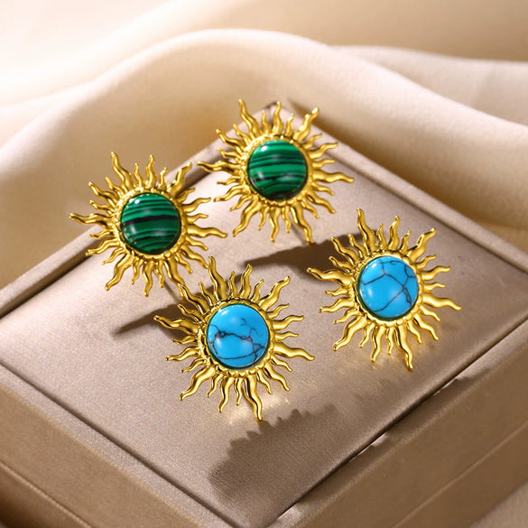 Wholesale Stainless Steel Inlaid Turquoise Sunflower Earrings With Electroplating Treatment For Women