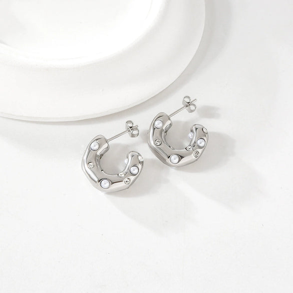Wholesale Stainless Steel Inlaid Zircon Cshaped Ushaped Geometric Retro Style Electroplated Women's Earrings