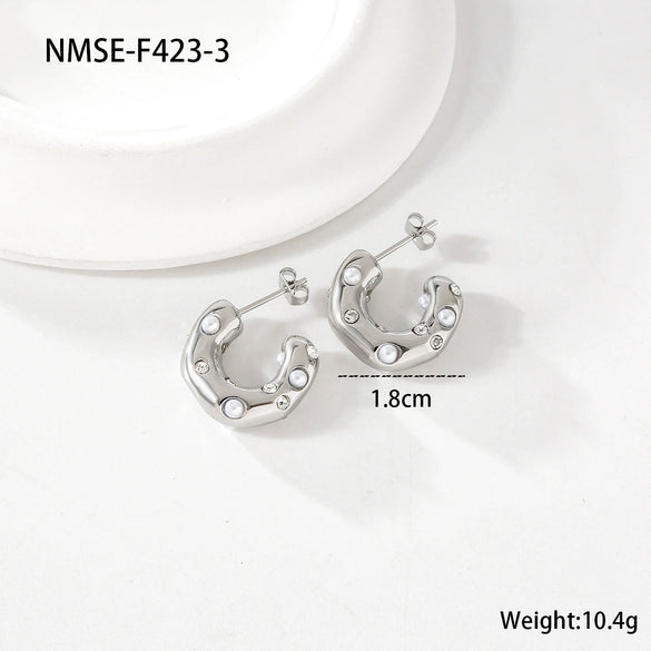 Wholesale Stainless Steel Inlaid Zircon Cshaped Ushaped Geometric Retro Style Electroplated Women's Earrings