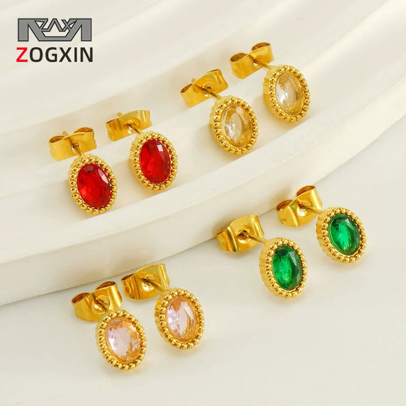 Wholesale 316L Stainless Steel Inlaid Zircon Oval Women's Geometric Electroplated Light Luxury Earrings