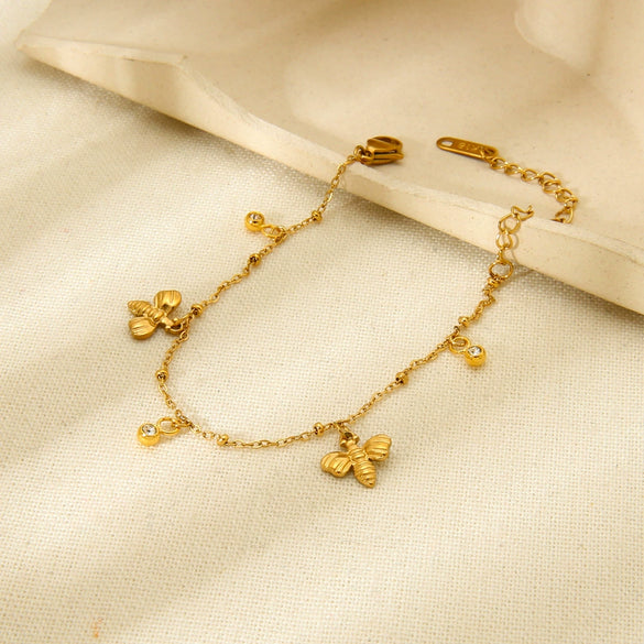 Wholesale Stainless Steel Ins Style Geometric Insect Round Diamond Tassel Pendant 18K Gold Plated Bracelet For Women