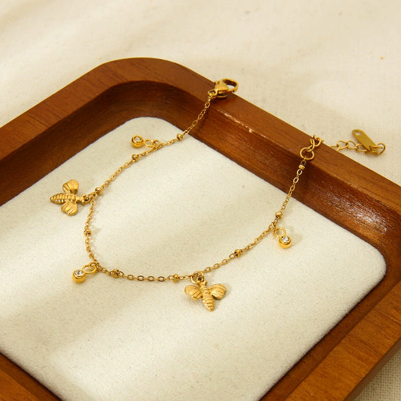 Wholesale Stainless Steel Ins Style Geometric Insect Round Diamond Tassel Pendant 18K Gold Plated Bracelet For Women