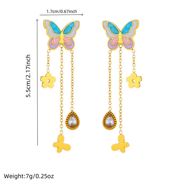 Wholesale Stainless Steel Insect Pattern Electroplated Women's Butterfly Tassel Chain Drop Earrings