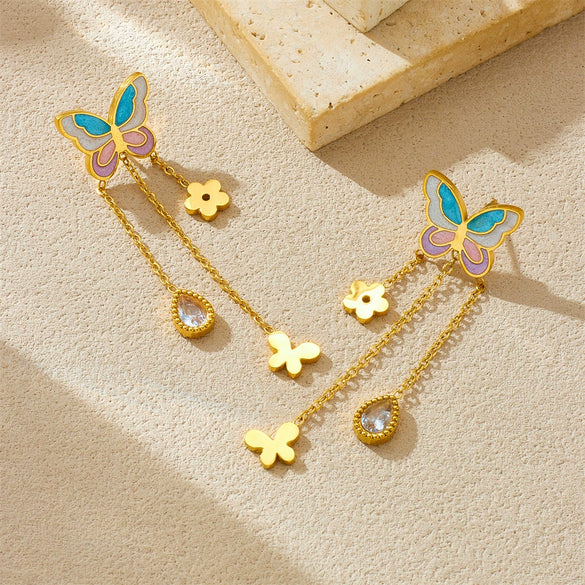 Wholesale Stainless Steel Insect Pattern Electroplated Women's Butterfly Tassel Chain Drop Earrings