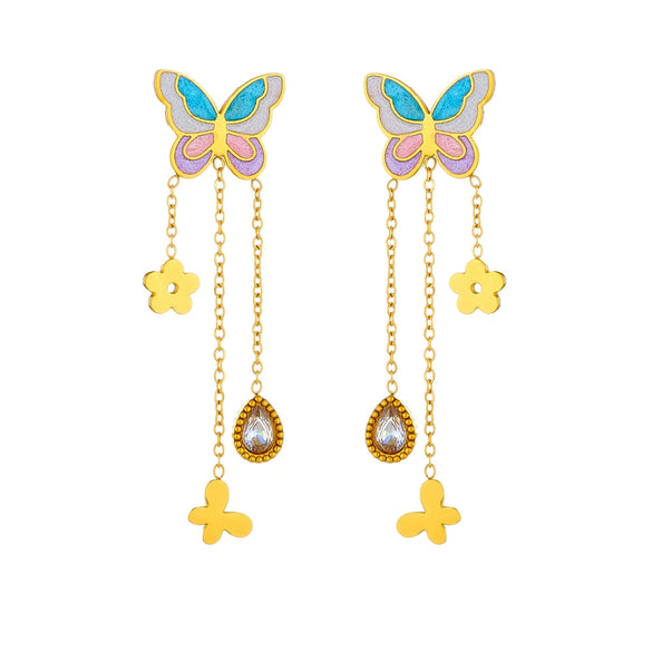 Wholesale Stainless Steel Insect Pattern Electroplated Women's Butterfly Tassel Chain Drop Earrings
