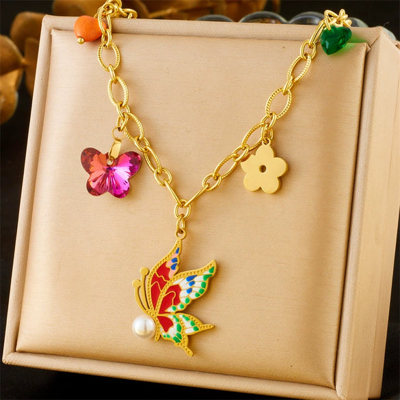 Wholesale Stainless Steel Insect Pattern Enamel Color Rhinestone Pendant Necklace With Electroplating For Women
