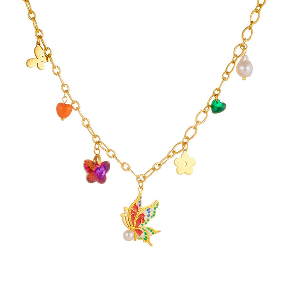 Wholesale Stainless Steel Insect Pattern Enamel Color Rhinestone Pendant Necklace With Electroplating For Women