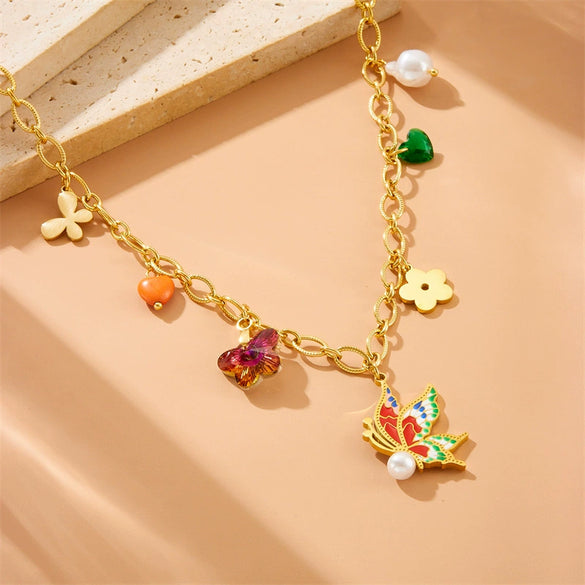 Wholesale Stainless Steel Insect Pattern Enamel Color Rhinestone Pendant Necklace With Electroplating For Women