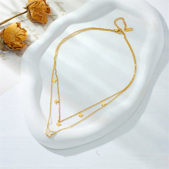 Wholesale Stainless Steel Insect Style Double Layer Glossy Shell Butterfly Pendant Necklace With Electroplating Treatment For Women