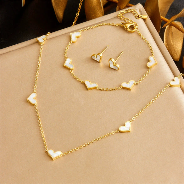 Wholesale Stainless Steel Jewelry Love Water Drops Bells Pattern Goldplated Bracelet Earrings Necklace Set For Women
