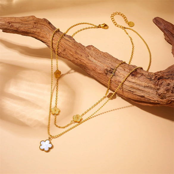 Wholesale Stainless Steel Jewelry Necklace Goldplated Flower Double Chain Retro Fashion Style