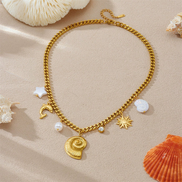 Wholesale Stainless Steel Jewelry Necklace With Goldplated Conch Sun Pearl Dolphin Pendant And O Word Chain Ins Style Animal Design