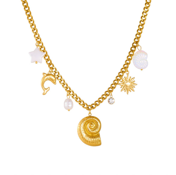 Wholesale Stainless Steel Jewelry Necklace With Goldplated Conch Sun Pearl Dolphin Pendant And O Word Chain Ins Style Animal Design