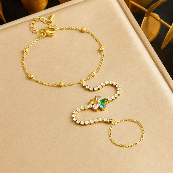 Wholesale Stainless Steel Jewelry Plants And Flowers Pattern Electroplated Women's Finger Bracelet Necklace