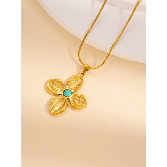 Wholesale Stainless Steel Jewelry Set For Women Retro Light Luxury Snake Bone Chain Petal Necklace Earrings Inlay Turquoise