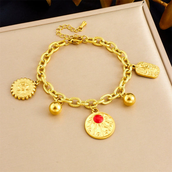 Wholesale Stainless Steel Jewelry Set Multielement Round Sun Pendant Electroplated For Women Necklace Bracelet