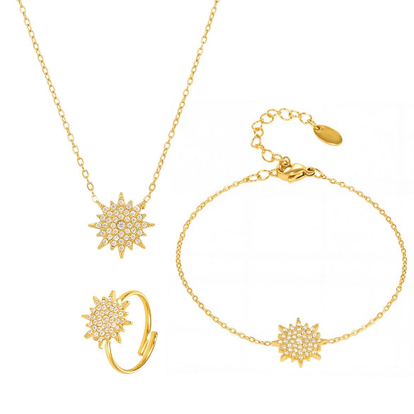 Wholesale Stainless Steel Jewelry Set With 5A Zircon Sunburst Design Electroplating For Women