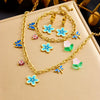 Wholesale Stainless Steel Jewelry Set With Goldplated Thick O Chain And Colorful Oil Dripping Flower Butterfly Pendant Electroplated Women's Style