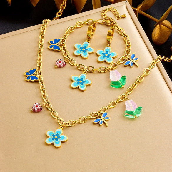 Wholesale Stainless Steel Jewelry Set With Goldplated Thick O Chain And Colorful Oil Dripping Flower Butterfly Pendant Electroplated Women's Style
