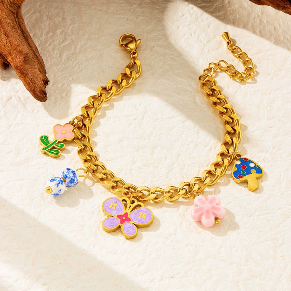 Wholesale Stainless Steel Jewelry Set With Goldplated Thick O Chain And Colorful Oil Dripping Flower Butterfly Pendant Electroplated Women's Style