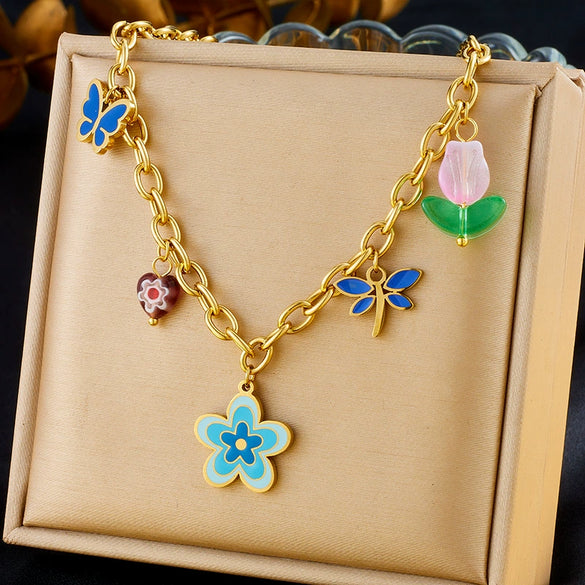 Wholesale Stainless Steel Jewelry Set With Goldplated Thick O Chain And Colorful Oil Dripping Flower Butterfly Pendant Electroplated Women's Style
