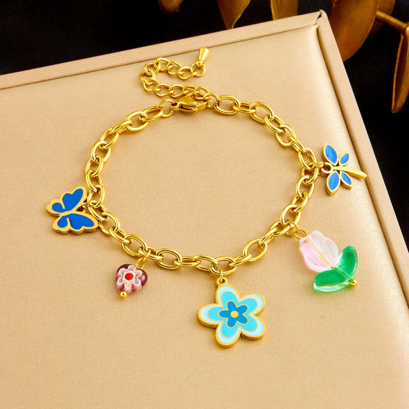 Wholesale Stainless Steel Jewelry Set With Goldplated Thick O Chain And Colorful Oil Dripping Flower Butterfly Pendant Electroplated Women's Style