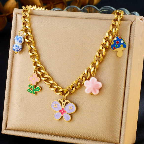 Wholesale Stainless Steel Jewelry Set With Goldplated Thick O Chain And Colorful Oil Dripping Flower Butterfly Pendant Electroplated Women's Style