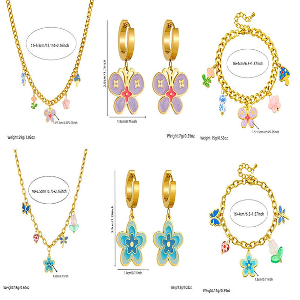 Wholesale Stainless Steel Jewelry Set With Goldplated Thick O Chain And Colorful Oil Dripping Flower Butterfly Pendant Electroplated Women's Style