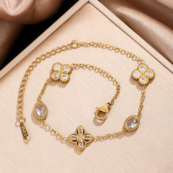 Wholesale Stainless Steel Jewelry Set With Plants And Flowers Pattern Encrusted With Diamonds Electroplated For Women Office Lady