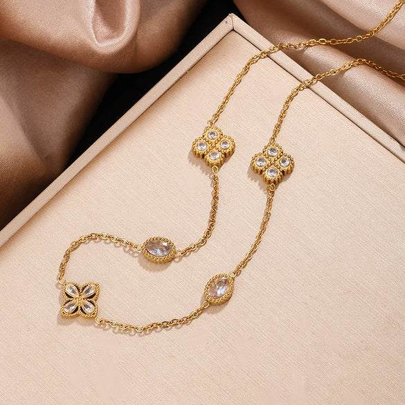 Wholesale Stainless Steel Jewelry Set With Plants And Flowers Pattern Encrusted With Diamonds Electroplated For Women Office Lady