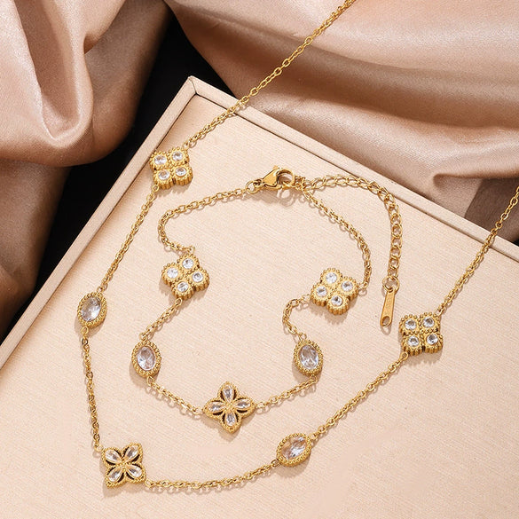 Wholesale Stainless Steel Jewelry Set With Plants And Flowers Pattern Encrusted With Diamonds Electroplated For Women Office Lady