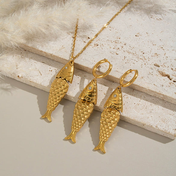 Wholesale Stainless Steel Jewelry With Koi Fish Pattern Electroplated Necklace And Earrings For Women
