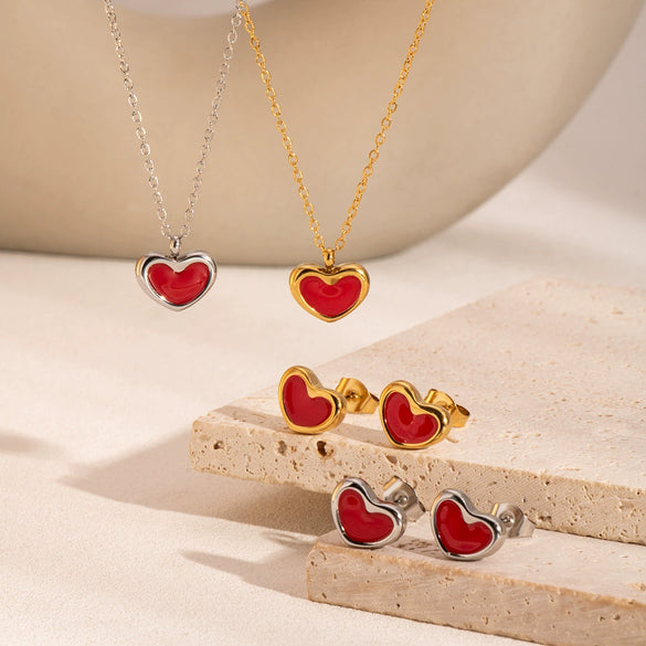 Wholesale Stainless Steel Jewelry With Love Pattern Lovely Style Pvd Furnace Vacuum Real Gold Plating O Word Chain Necklace And Earrings Set