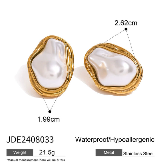 Wholesale Stainless Steel Jewelry With Pearl Exaggerated Ring Necklace And Ear Studs Geometric Style With Electroplating