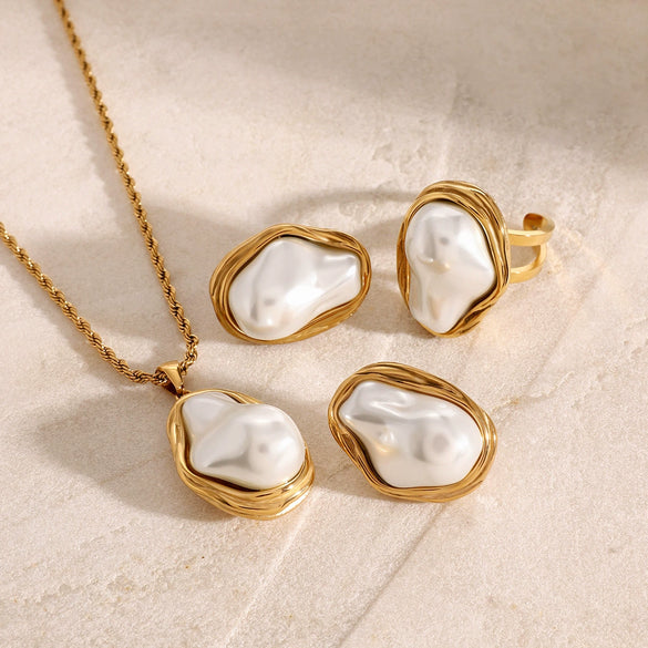 Wholesale Stainless Steel Jewelry With Pearl Exaggerated Ring Necklace And Ear Studs Geometric Style With Electroplating