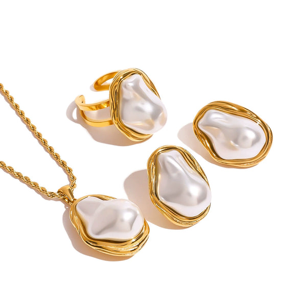 Wholesale Stainless Steel Jewelry With Pearl Exaggerated Ring Necklace And Ear Studs Geometric Style With Electroplating