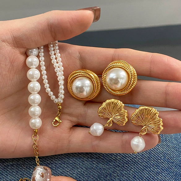 Wholesale Stainless Steel Jewelry With Pearl Necklace And Exaggerated Flower Earrings Geometric Pattern Electroplating Process For Women