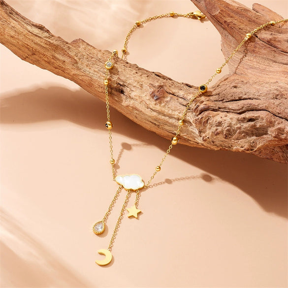 Wholesale Stainless Steel Jewelry With Star Shape And Geometric Pattern Long Tassel Earrings And Necklace Electroplated For Women