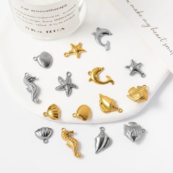 Wholesale Stainless Steel Jewelry With Starfish Dolphin Seahorse Shell Pendant Electroplated Marine Series