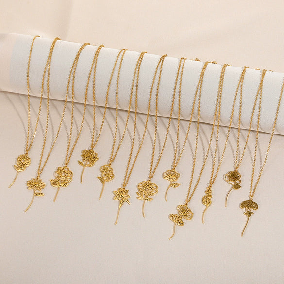 Wholesale Stainless Steel 18K Electroplated Letter Number Text Pattern Flower Pendant Necklace Jewelry