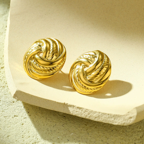 Wholesale Stainless Steel 18K Electroplated Simple Style Women's Earrings With Threaded Cut Out Braided Texture