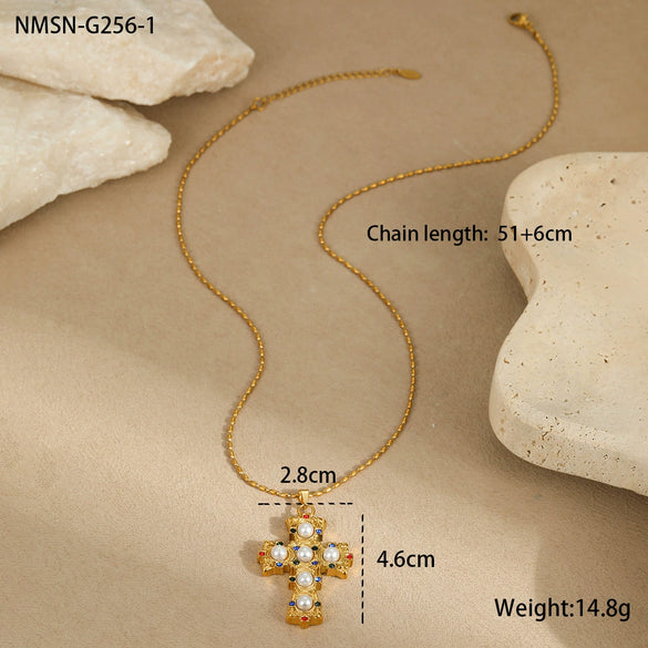 Wholesale Stainless Steel 18K Gold Colored Diamond Encrusted Geometric Pattern Cross Pendant Necklace For Women With Electroplating
