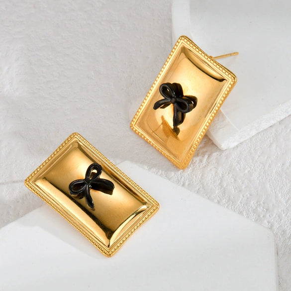 Wholesale Stainless Steel 18K Gold Geometric Square Bow Stud Earrings For Women With Electroplating Treatment