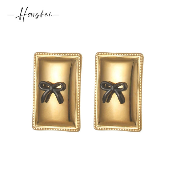 Wholesale Stainless Steel 18K Gold Geometric Square Bow Stud Earrings For Women With Electroplating Treatment
