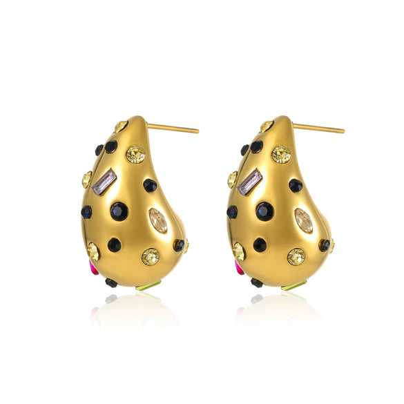 Wholesale Stainless Steel 18K Gold Inlaid Drop Shape Color Zircon Electroplated Women's Drop Ring Earrings