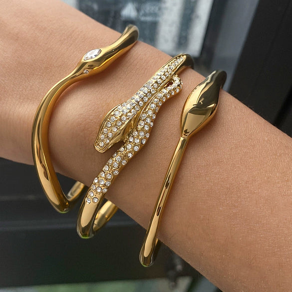 Wholesale Stainless Steel 18K Gold Inlaid Zirconium Snake Open Bracelet Electroplated Nonfading Jewelry