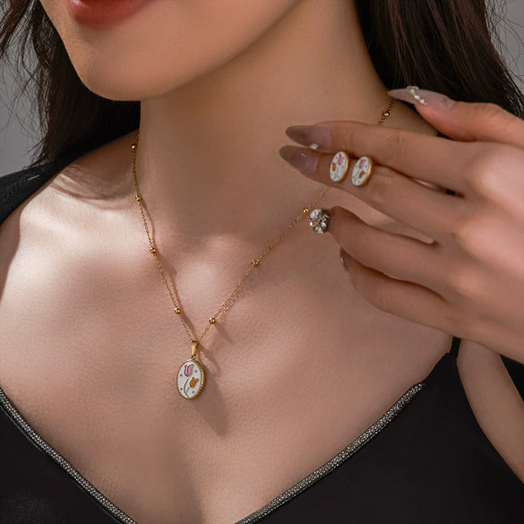 Wholesale Stainless Steel 14K Gold Plated Elegant Oil Dripping Tulip Design Women's Necklace Earrings Set