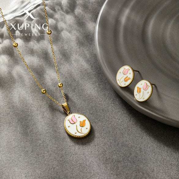 Wholesale Stainless Steel 14K Gold Plated Elegant Oil Dripping Tulip Design Women's Necklace Earrings Set
